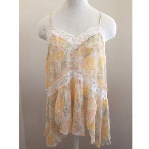 Free People Intimately Sheer Floral Top with Lace Trim and Tulip Hem, Size Med